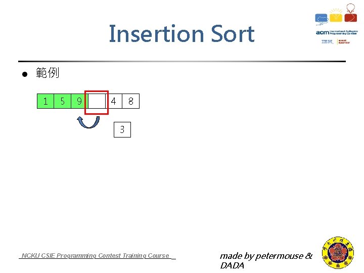 Insertion Sort l 範例 1 5 9 4 8 3 NCKU CSIE Programming Contest