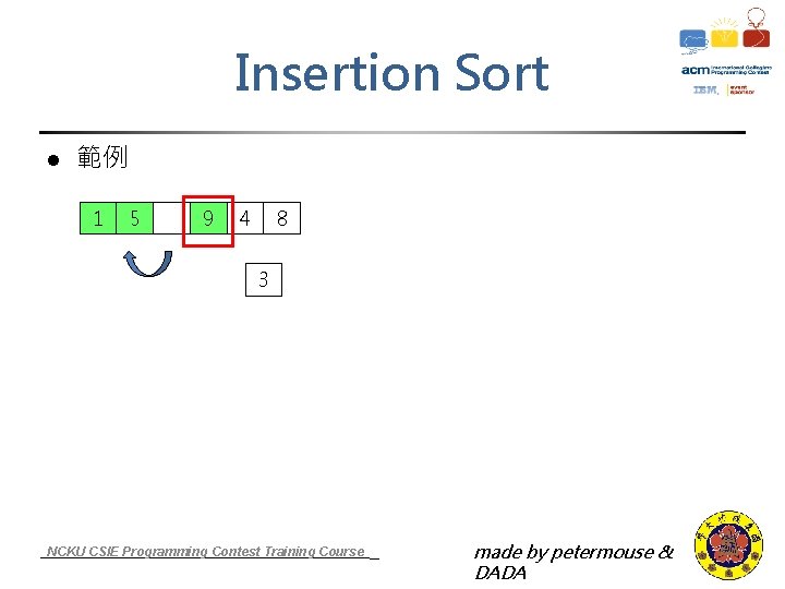 Insertion Sort l 範例 1 5 9 4 8 3 NCKU CSIE Programming Contest