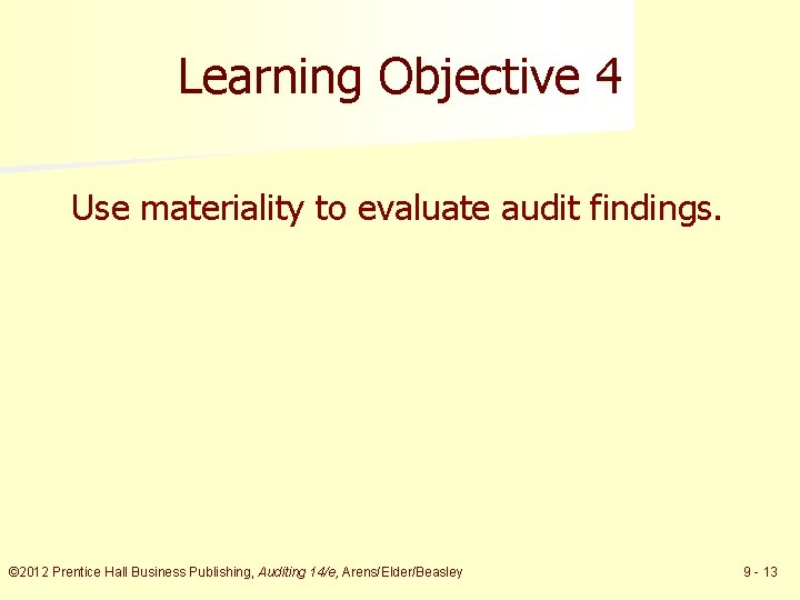 Learning Objective 4 Use materiality to evaluate audit findings. © 2012 Prentice Hall Business