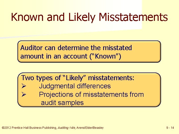 Known and Likely Misstatements Auditor can determine the misstated amount in an account (“Known”)