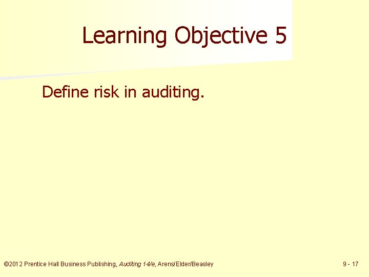 Learning Objective 5 Define risk in auditing. © 2012 Prentice Hall Business Publishing, Auditing