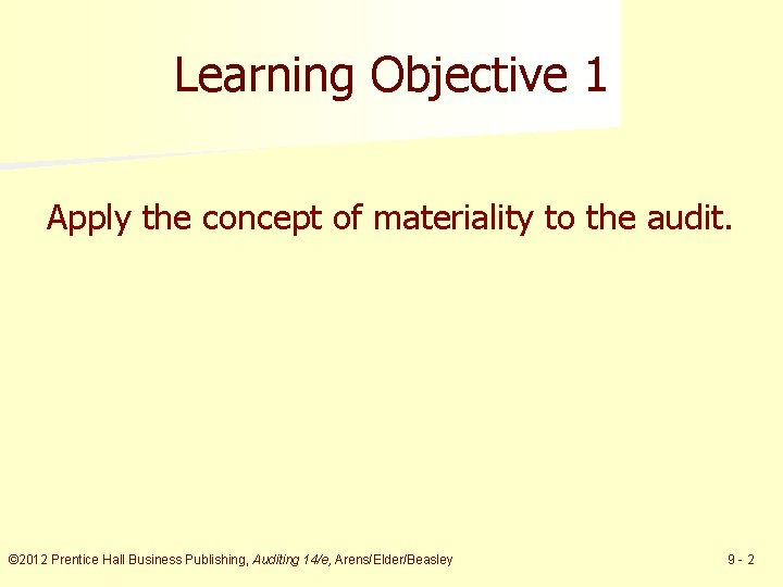 Learning Objective 1 Apply the concept of materiality to the audit. © 2012 Prentice