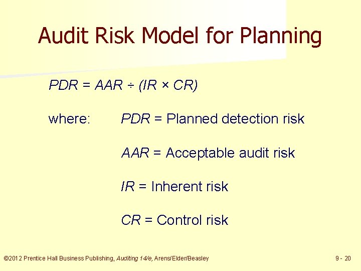 Audit Risk Model for Planning PDR = AAR ÷ (IR × CR) where: PDR