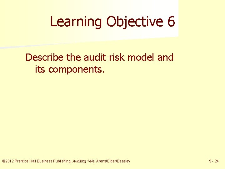 Learning Objective 6 Describe the audit risk model and its components. © 2012 Prentice