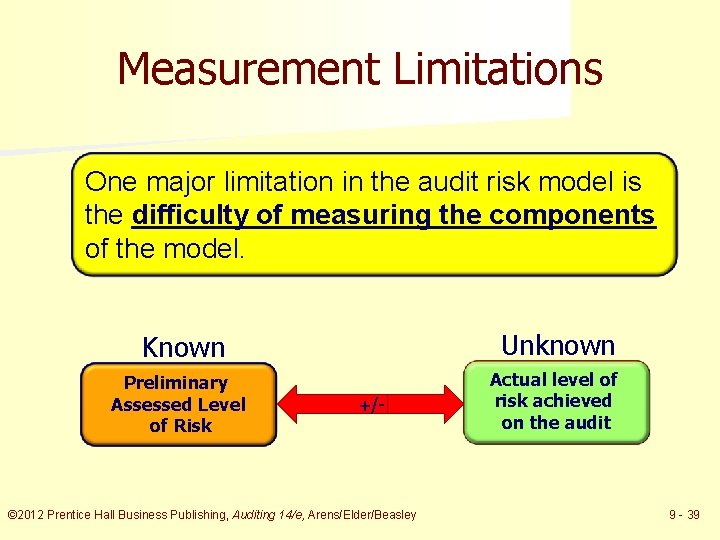 Measurement Limitations One major limitation in the audit risk model is the difficulty of