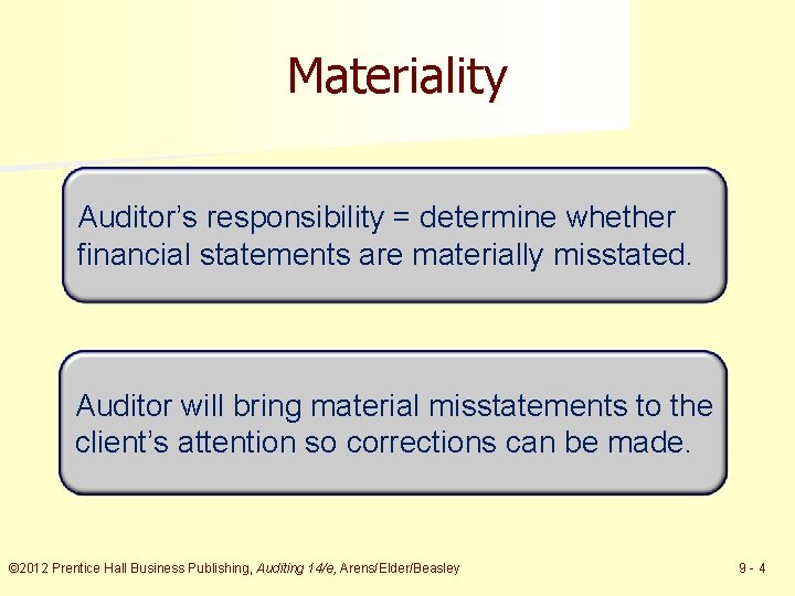 Materiality Auditor’s responsibility = determine whether financial statements are materially misstated. Auditor will bring