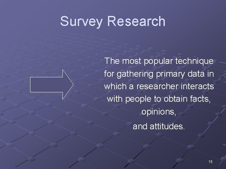 Survey Research The most popular technique for gathering primary data in which a researcher