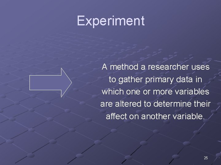 Experiment A method a researcher uses to gather primary data in which one or