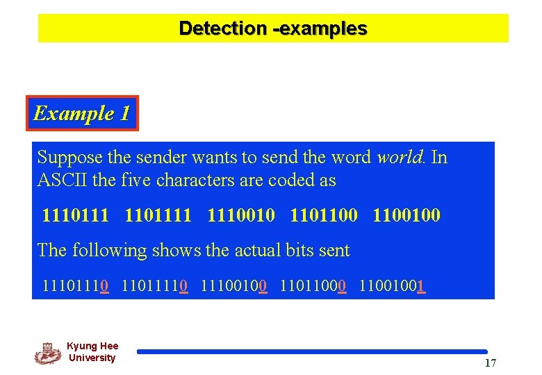 Detection -examples Example 1 Suppose the sender wants to send the word world. In