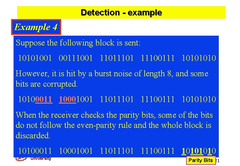 Detection - example Example 4 Suppose the following block is sent: 10101001 00111001 1101