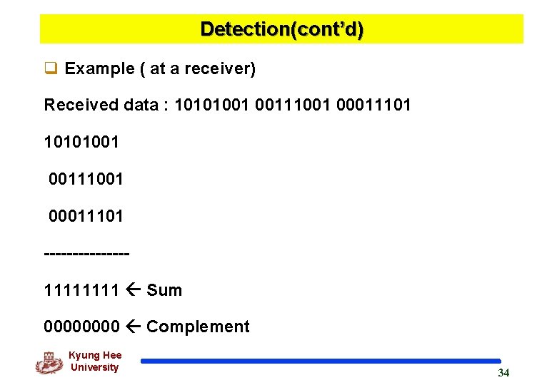 Detection(cont’d) q Example ( at a receiver) Received data : 10101001 00111001 00011101 -------1111