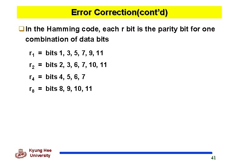 Error Correction(cont’d) q. In the Hamming code, each r bit is the parity bit