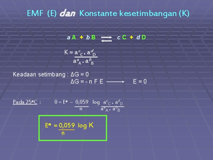 EMF (E) dan Konstante kesetimbangan (K) a. A + b. B c. C +