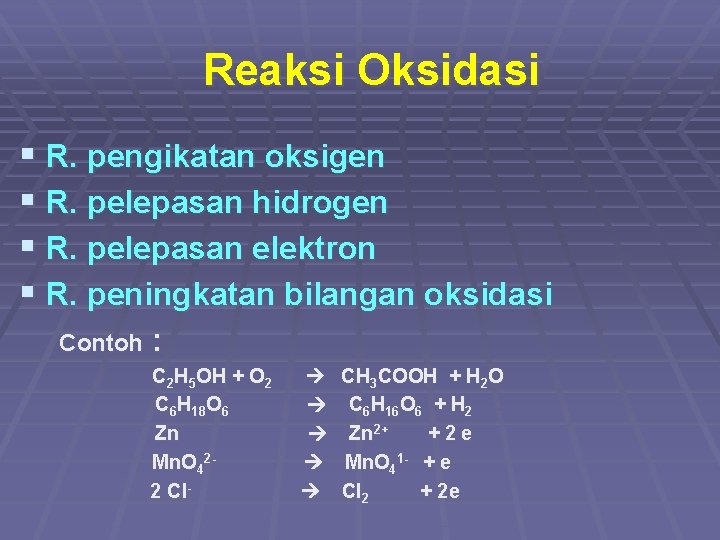 Reaksi Oksidasi § R. pengikatan oksigen § R. pelepasan hidrogen § R. pelepasan elektron