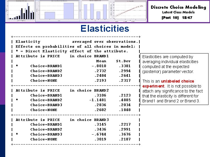 Discrete Choice Modeling Latent Class Models [Part 10] 18/47 Elasticities +--------------------------+ | Elasticity averaged