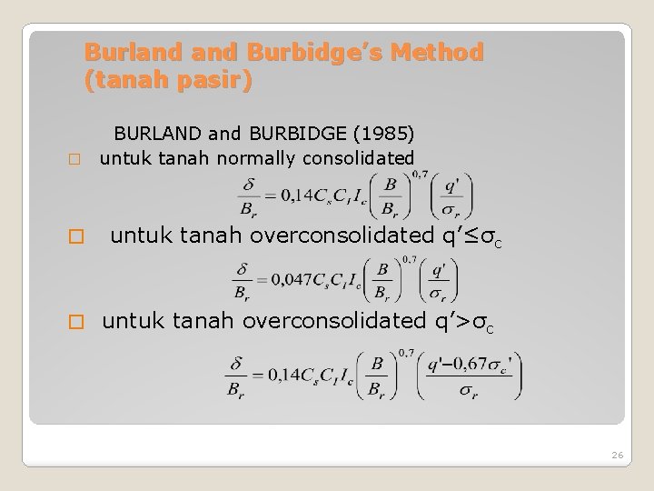 Burland Burbidge’s Method (tanah pasir) BURLAND and BURBIDGE (1985) � untuk tanah normally consolidated