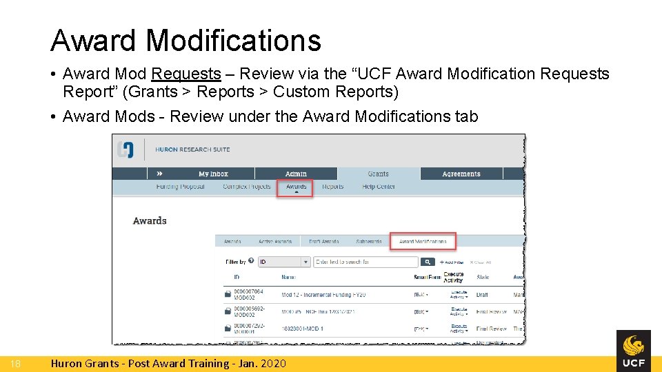 Award Modifications • Award Mod Requests – Review via the “UCF Award Modification Requests Award Modifications • Award Mod Requests – Review via the “UCF Award Modification Requests