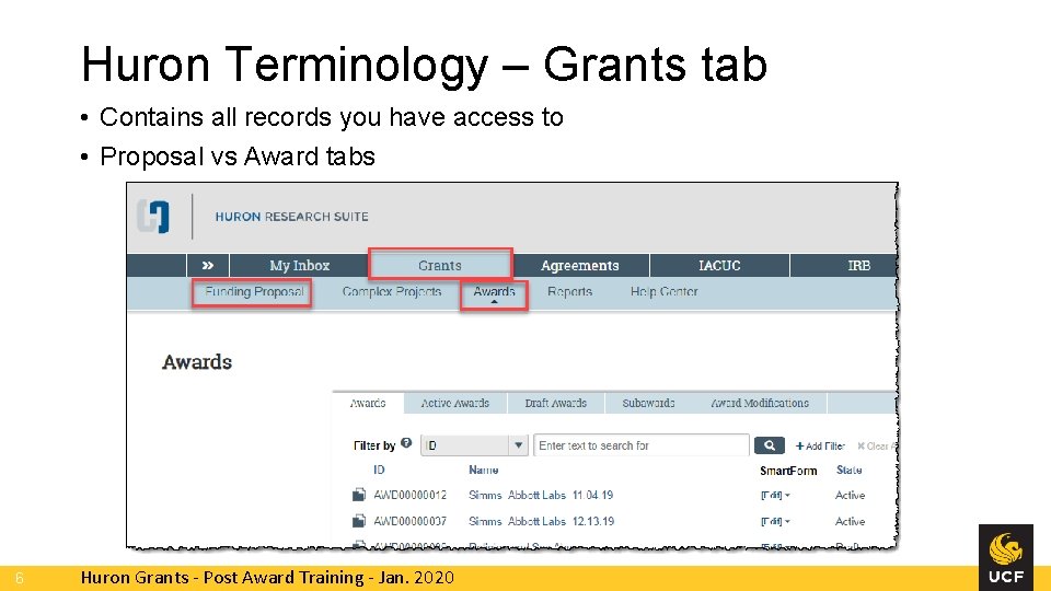 Huron Terminology – Grants tab • Contains all records you have access to • Huron Terminology – Grants tab • Contains all records you have access to •