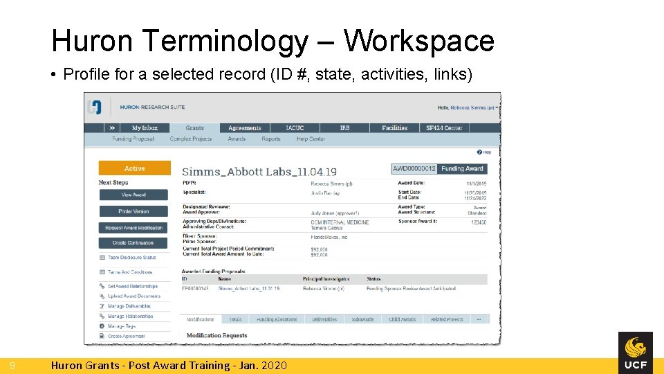 Huron Terminology – Workspace • Profile for a selected record (ID #, state, activities, Huron Terminology – Workspace • Profile for a selected record (ID #, state, activities,