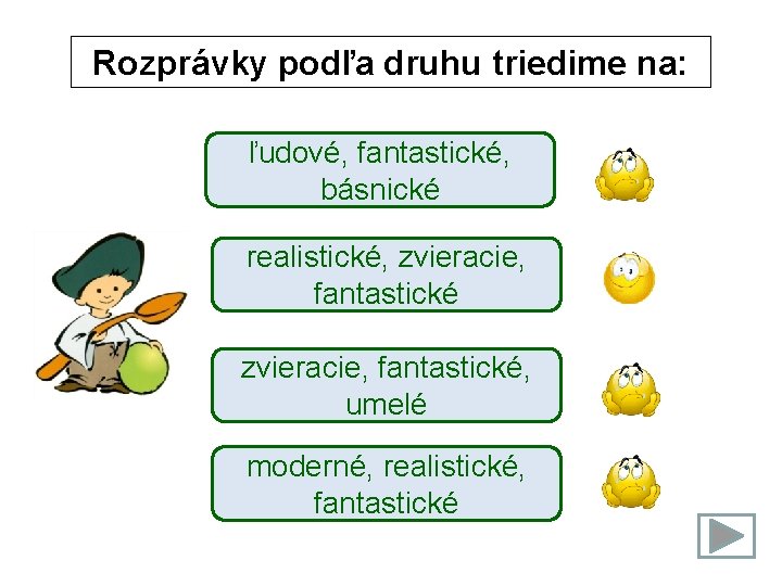 Rozprávky podľa druhu triedime na: ľudové, fantastické, básnické realistické, zvieracie, fantastické, umelé moderné, realistické,