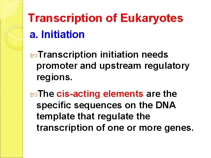 Transcription of Eukaryotes a. Initiation Transcription initiation needs promoter and upstream regulatory regions. The