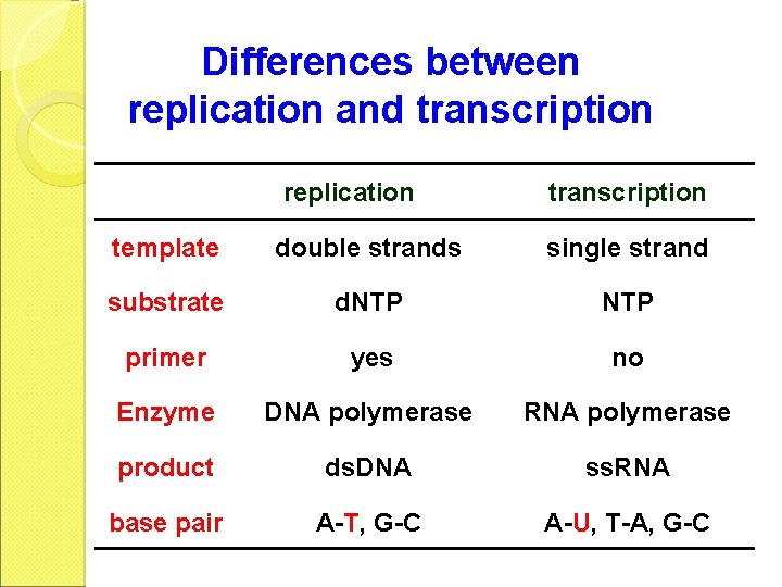 Differences between replication and transcription replication transcription template double strands single strand substrate d.