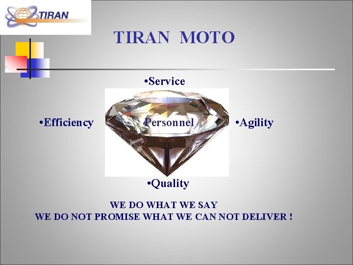 TIRAN MOTO • Service • Efficiency Personnel • Agility • Quality WE DO WHAT TIRAN MOTO • Service • Efficiency Personnel • Agility • Quality WE DO WHAT