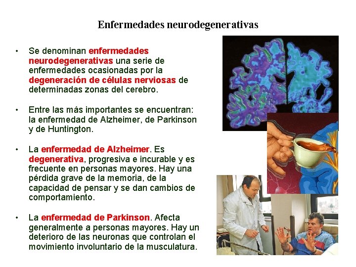 04 Enfermedades neurodegenerativas • Se denominan enfermedades neurodegenerativas una serie de enfermedades ocasionadas por