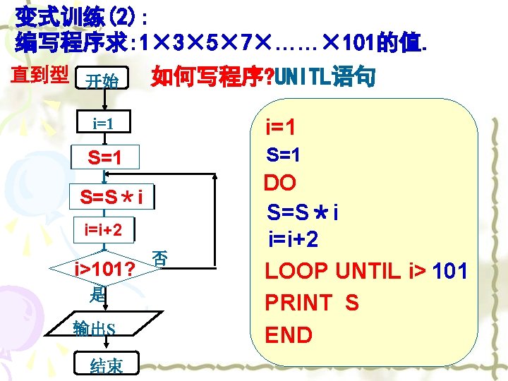 变式训练(2): 编写程序求: 1× 3× 5× 7×……× 101的值. 直到型 开始 如何写程序? UNITL语句 i=1 S=0 S=S＊i