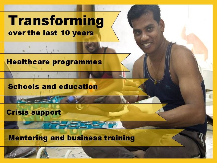 Transforming over the last 10 years Healthcare programmes Schools and education Crisis support Mentoring