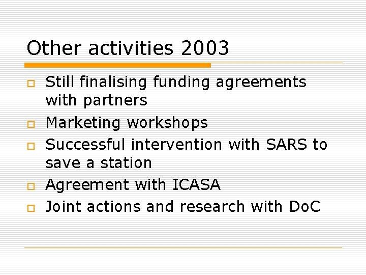 Other activities 2003 o o o Still finalising funding agreements with partners Marketing workshops