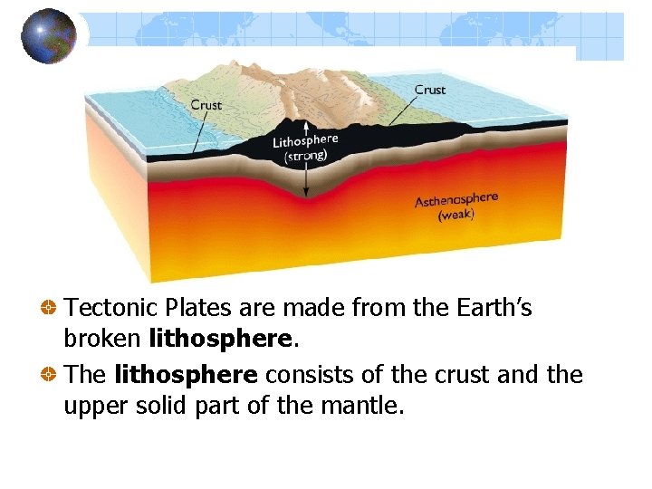 Tectonic Plates are made from the Earth’s broken lithosphere. The lithosphere consists of the Tectonic Plates are made from the Earth’s broken lithosphere. The lithosphere consists of the