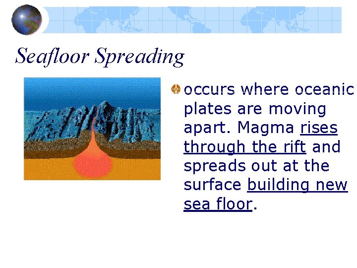 Seafloor Spreading occurs where oceanic plates are moving apart. Magma rises through the rift Seafloor Spreading occurs where oceanic plates are moving apart. Magma rises through the rift