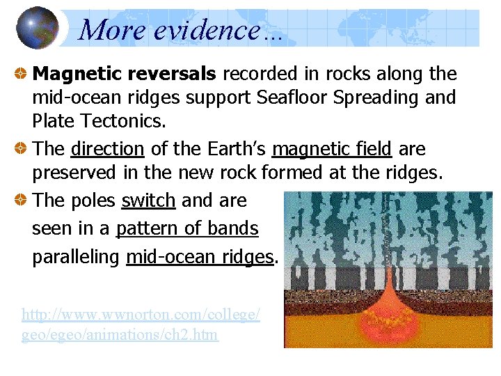 More evidence… Magnetic reversals recorded in rocks along the mid-ocean ridges support Seafloor Spreading More evidence… Magnetic reversals recorded in rocks along the mid-ocean ridges support Seafloor Spreading