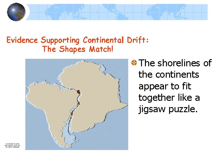 The shorelines of the continents appear to fit together like a jigsaw puzzle. The shorelines of the continents appear to fit together like a jigsaw puzzle.