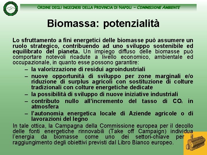 ORDINE DEGLI INGEGNERI DELLA PROVINCIA DI NAPOLI - COMMISSIONE AMBIENTE Biomassa: potenzialità Lo sfruttamento