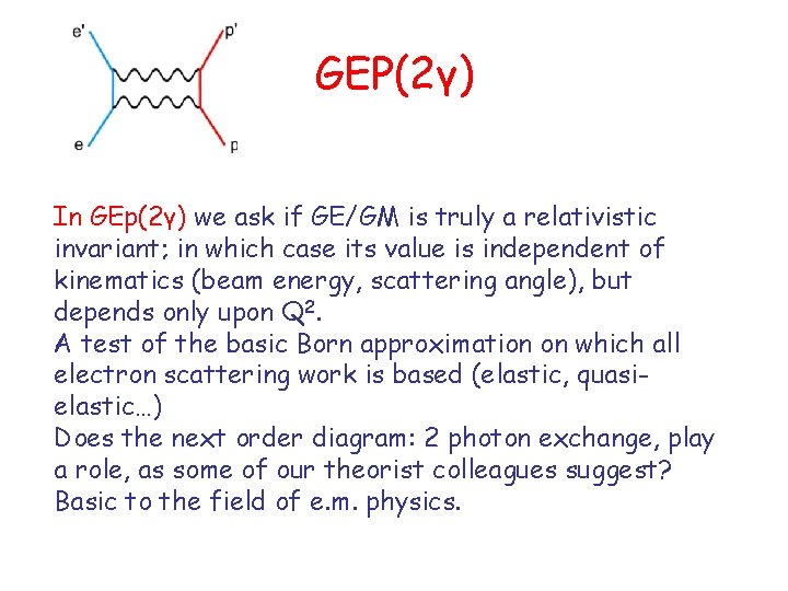GEP(2γ) In GEp(2γ) we ask if GE/GM is truly a relativistic invariant; in which