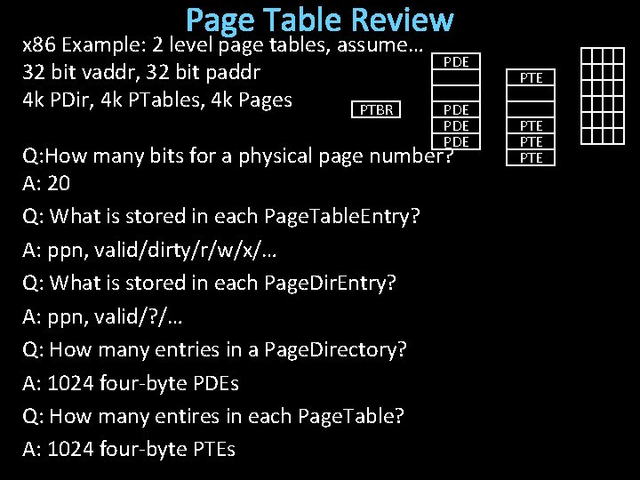 Page Table Review x 86 Example: 2 level page tables, assume… 32 bit vaddr,