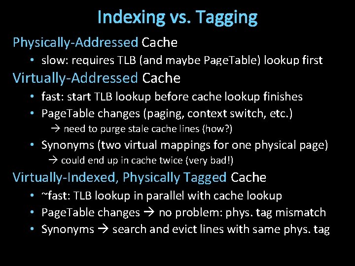 Indexing vs. Tagging Physically-Addressed Cache • slow: requires TLB (and maybe Page. Table) lookup