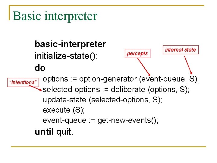 Basic interpreter basic-interpreter initialize-state(); do “intentions” percepts internal state options : = option-generator (event-queue,