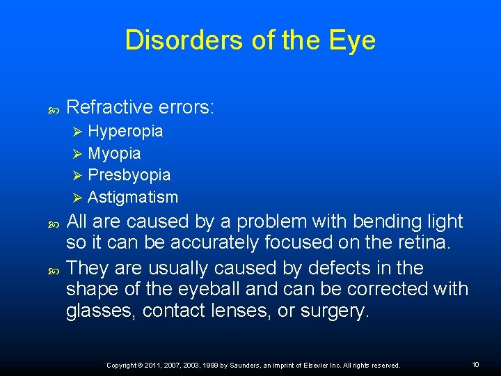 Disorders of the Eye Refractive errors: Hyperopia Ø Myopia Ø Presbyopia Ø Astigmatism Ø