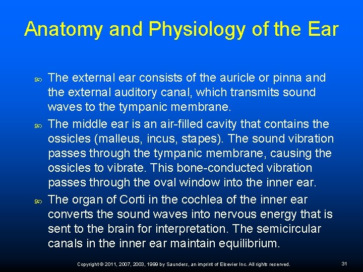 Anatomy and Physiology of the Ear The external ear consists of the auricle or