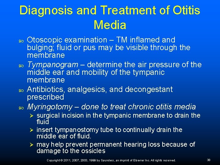 Diagnosis and Treatment of Otitis Media Otoscopic examination – TM inflamed and bulging; fluid