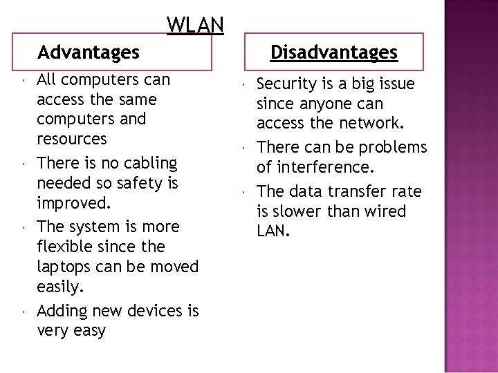 WLAN Advantages All computers can access the same computers and resources There is no