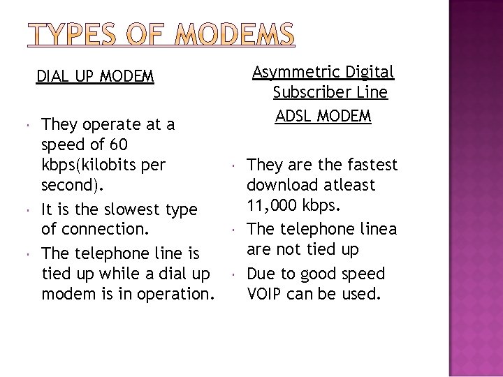 Asymmetric Digital Subscriber Line ADSL MODEM DIAL UP MODEM They operate at a speed