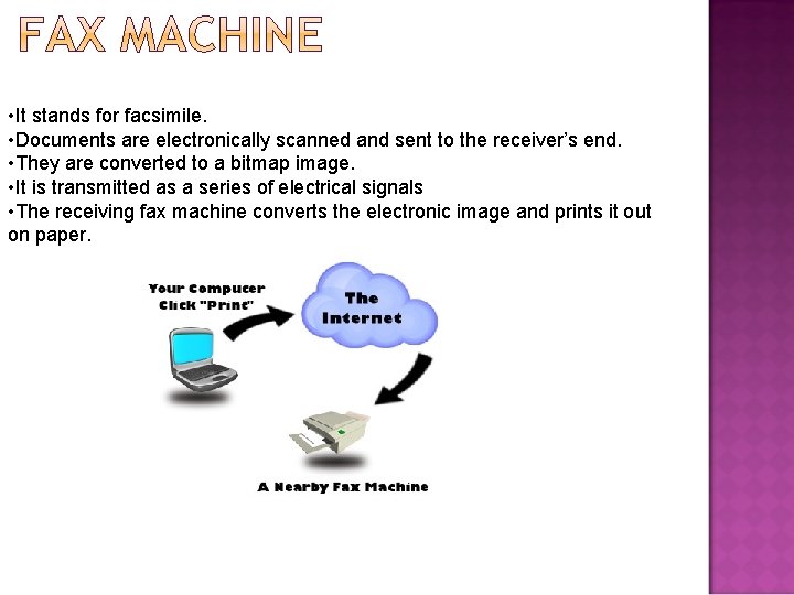  • It stands for facsimile. • Documents are electronically scanned and sent to