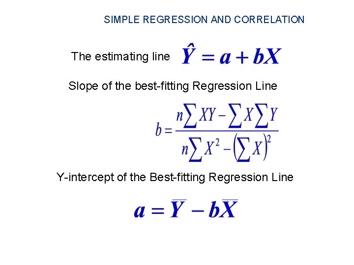 SIMPLE REGRESSION AND CORRELATION The estimating line Slope of the best-fitting Regression Line Y-intercept