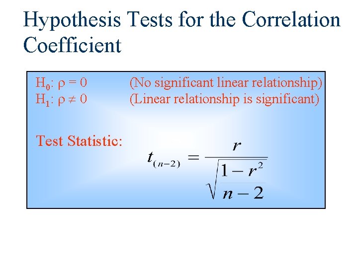 Hypothesis Tests for the Correlation Coefficient H 0: = 0 H 1: 0 Test