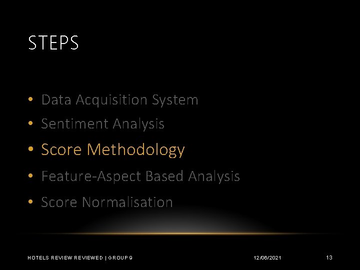 STEPS • Data Acquisition System • Sentiment Analysis • Score Methodology • Feature-Aspect Based