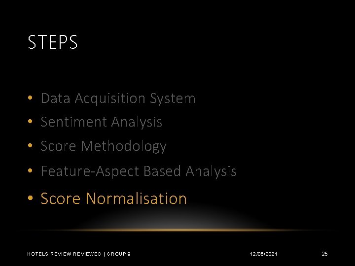 STEPS • Data Acquisition System • Sentiment Analysis • Score Methodology • Feature-Aspect Based
